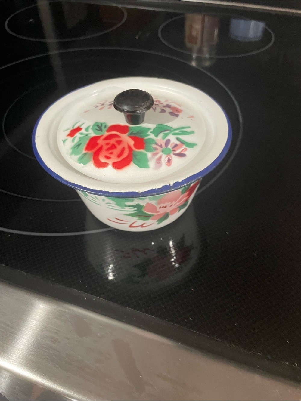 Floral Enamel Metal Bowl with Lid — Pink & Red Roses on White background
